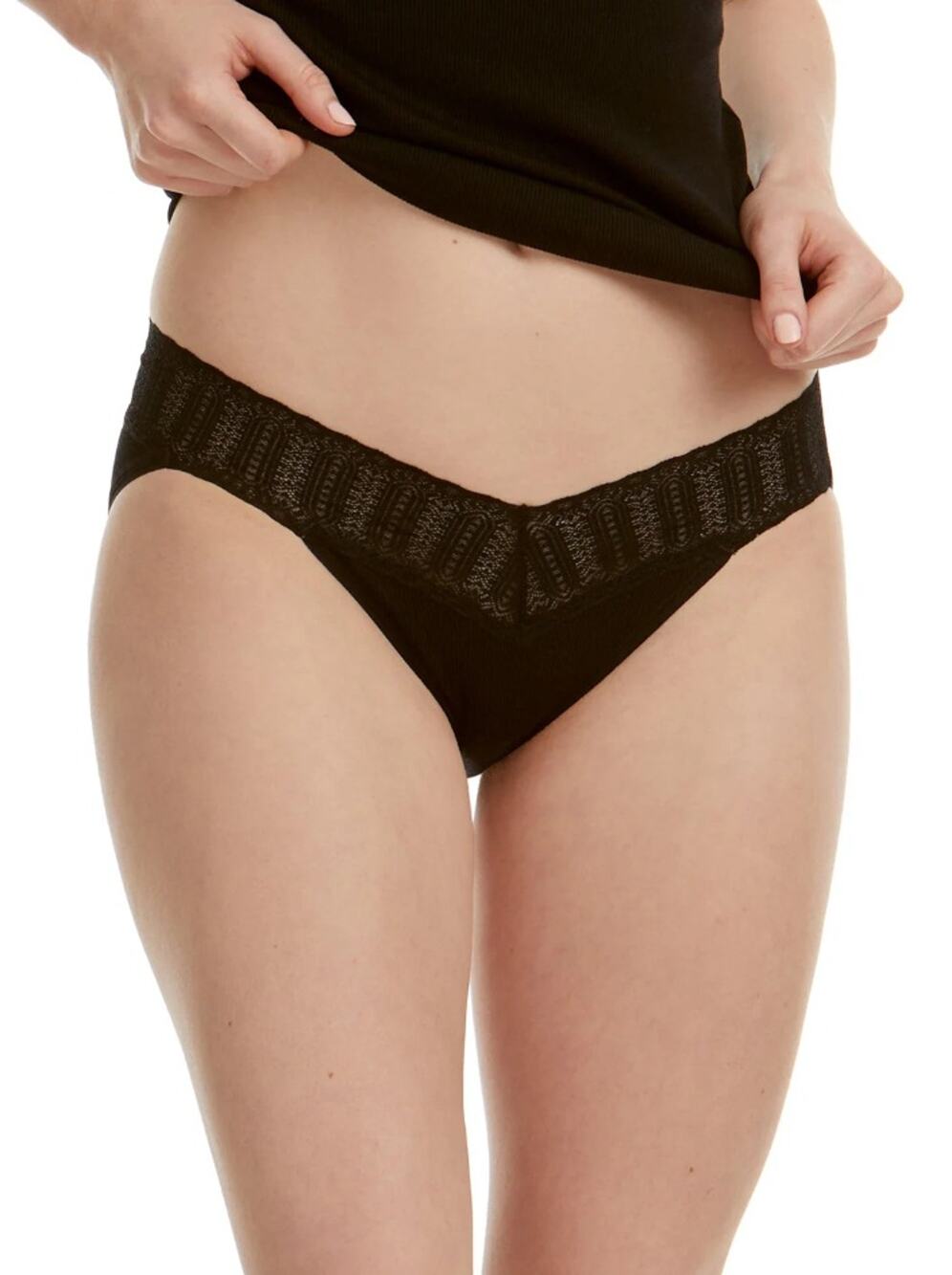 Hanky Panky Women Ribbed Black Lace Waist Eco Rx Low Rise V-kini Panties Size XL